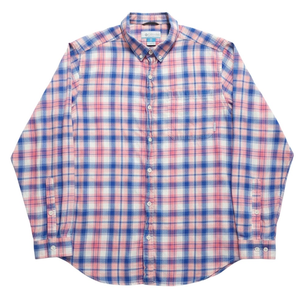 Columbia Shirt Mens Large Pink Blue Plaid Out and Back Button Down Long Sleeve